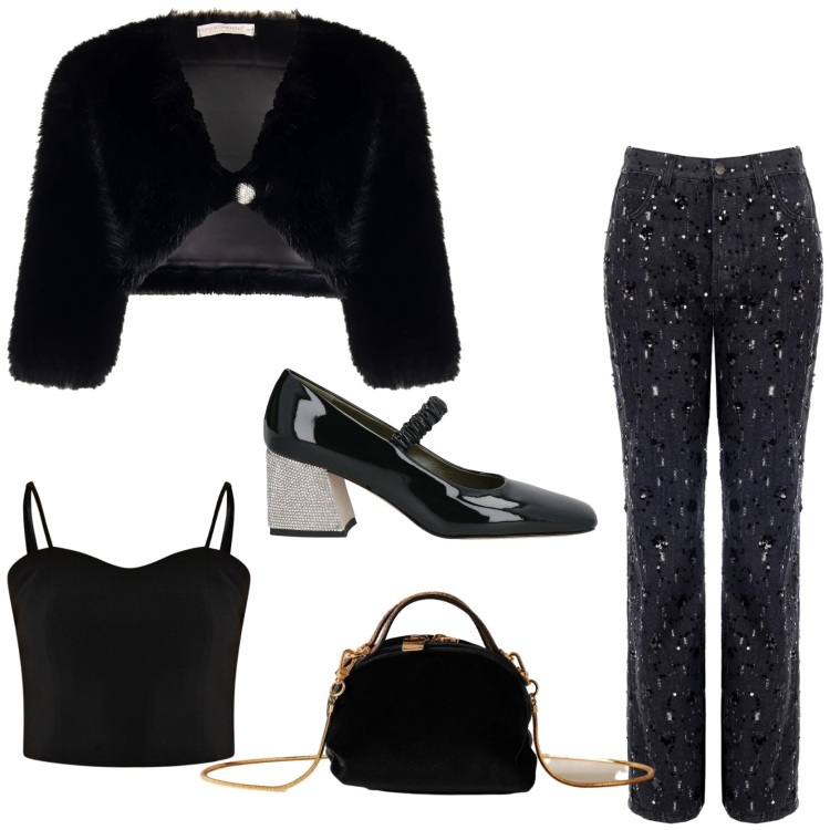 Outfit donna - Party di capodanno. Stile Trendy per Serata fuori. Abbinamento con décolleté, pantaloni, top, bolero, borse a mano.