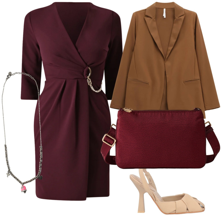 Outfit donna - Brindisi in ufficio. Stile Bon Ton per Ufficio. Abbinamento con décolleté, vestiti, blazer, ciondoli, borse a tracolla.