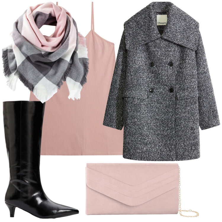 Outfit donna - Rosa e grigio fa chic. Stile Chic per Serata fuori. Abbinamento con foulard, cappotti, pochette, stivali, vestiti corti.