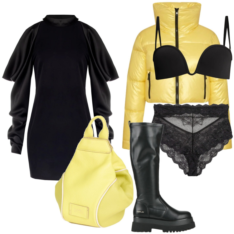 Outfit donna - Un tocco di giallo. Stile Casual chic per Tutti i giorni. Abbinamento con culotte, stivali, zaini, reggiseni, vestiti corti, piumini.