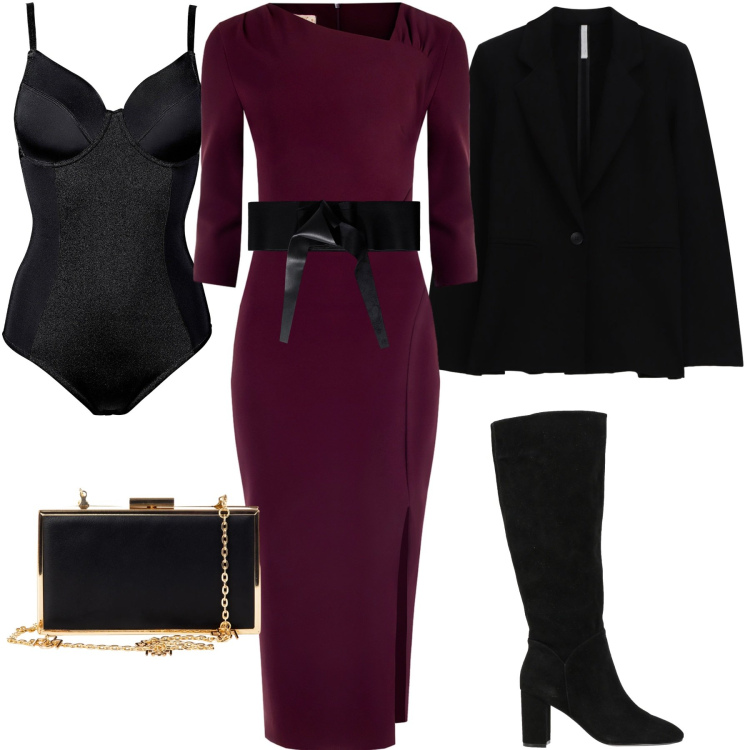Outfit donna - Il potere del punto vita. Stile Chic per Serata fuori. Abbinamento con body, stivali, pochette, vestiti a tubino, cinture, blazer.