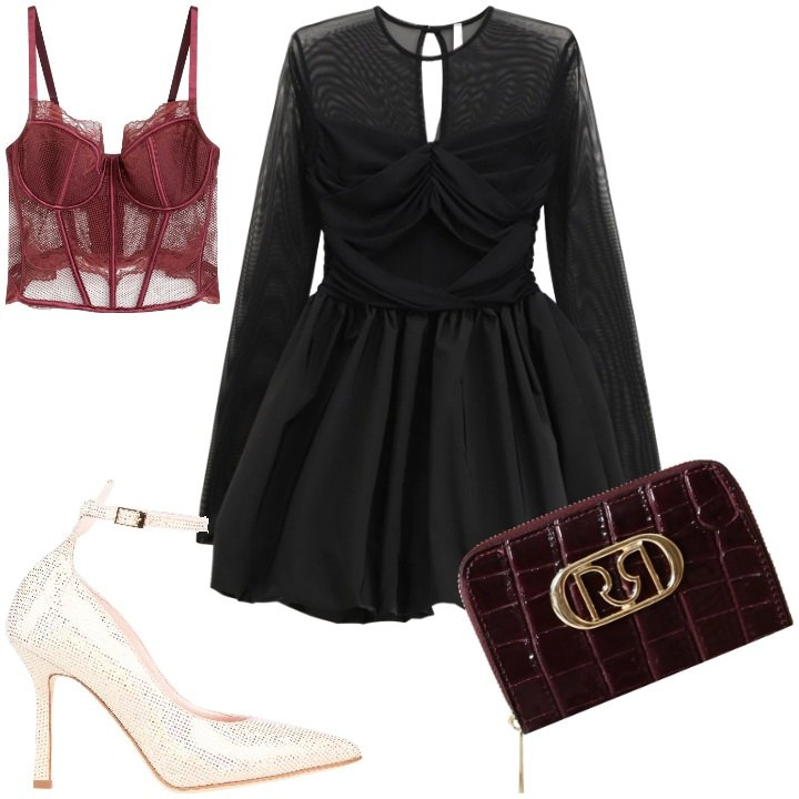 Outfit donna - Party Ready. Stile Sexy per Serata fuori. Abbinamento con bralette, décolleté, portafogli, vestiti corti.