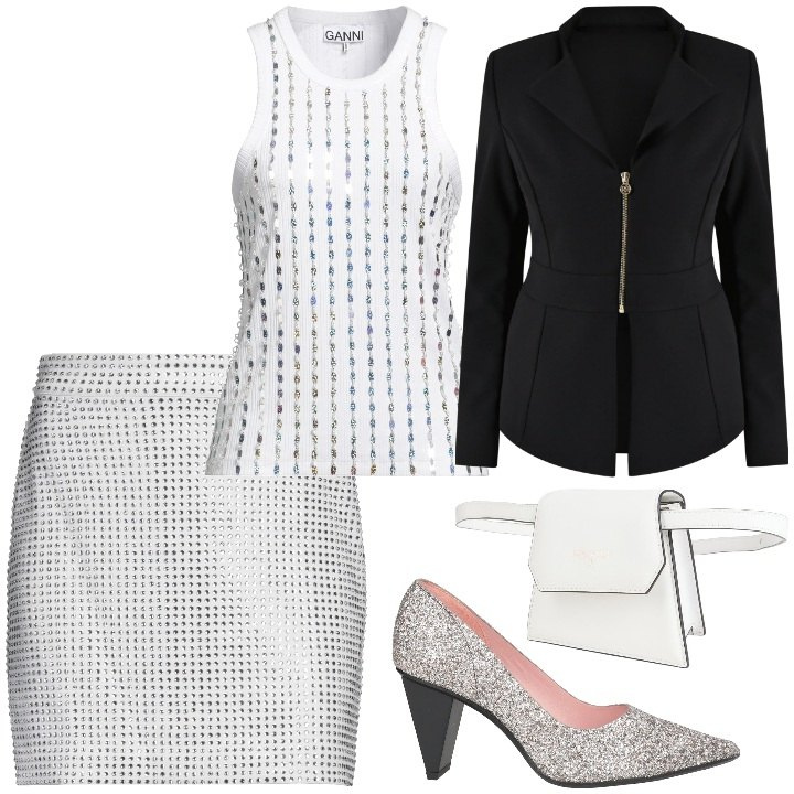 Outfit donna - Party Ready. Stile Glamour per Serata fuori. Abbinamento con top, minigonne, décolleté, marsupi, blazer.