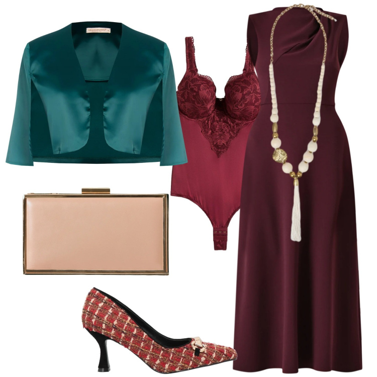 Outfit donna - Chic. Stile Chic per Serata fuori. Abbinamento con body, décolleté, vestiti midi/longuette, bolero, pochette, ciondoli.