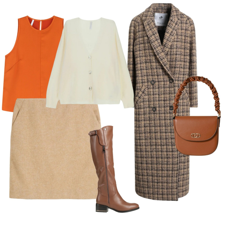 Outfit donna - Colori caldi per l\' inverno. per Tutti i giorni. Abbinamento con gonne, cappotti, stivali, borse a mano, top, cardigans.