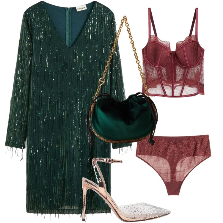 Outfit donna - È qui la festa?. Stile Glamour per Serata fuori. Abbinamento con vestiti, perizomi, bralette, décolleté, borse a spalla.