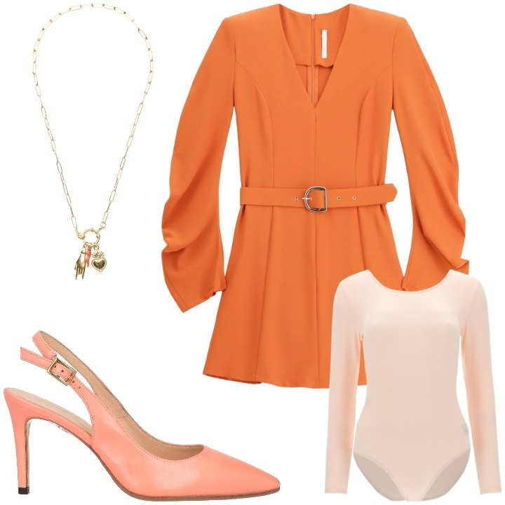 Outfit donna - Orange. Stile Bon Ton per Tutti i giorni. Abbinamento con décolleté, vestiti corti, body, ciondoli.
