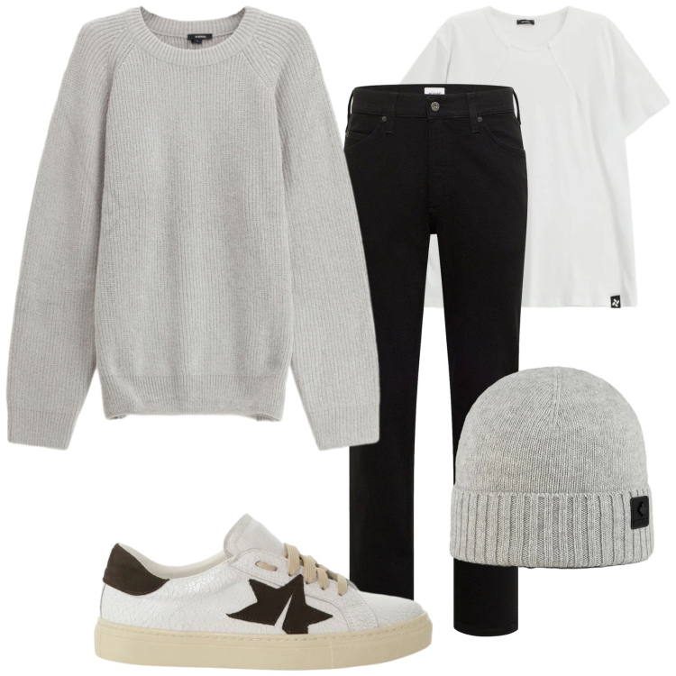 Outfit uomo - Una stella. Stile Urban per Tutti i giorni. Abbinamento con jeans dritti, t-shirt, maglieria, sneakers, berretti.