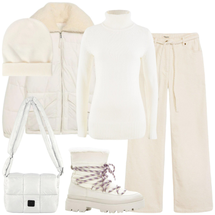 Outfit donna - Weekend sulla neve in total white. Stile Casual per Tutti i giorni. Abbinamento con pantaloni, stivali da neve, maglieria, giacche, borse a spalla, berretti.