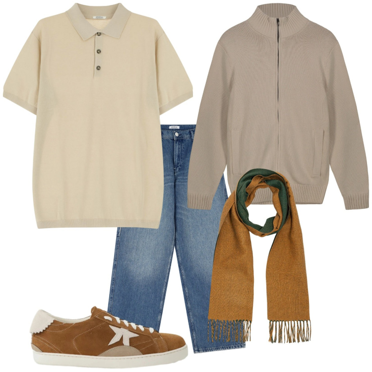 Outfit uomo - Vedi la stella. Stile Trendy per Tutti i giorni. Abbinamento con polo, jeans, sneakers, sciarpe, cardigans.
