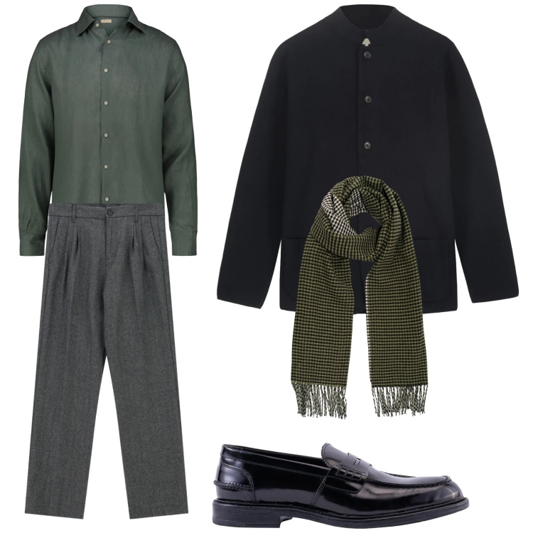 Outfit uomo - Passo a prenderti. Stile Business/Elegante per Serata speciale. Abbinamento con pantaloni, giacche, camicie, sciarpe, scarpe stringate.