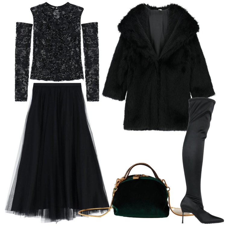 Outfit donna - Party Ready. Stile Glamour per Serata fuori. Abbinamento con stivali, top, gonne lunghe, cappotti, borse a mano.