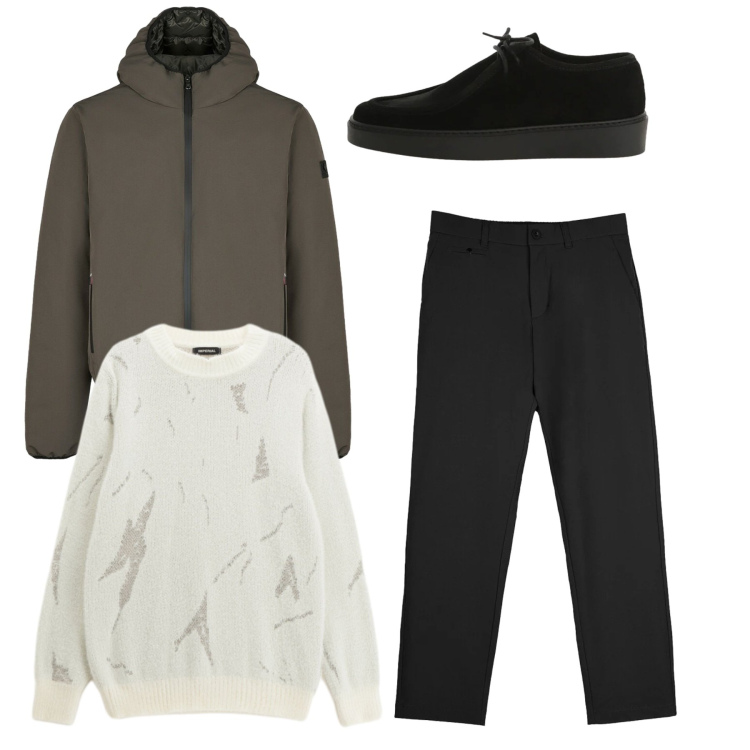 Outfit uomo - Total look. Stile Casual per Tutti i giorni. Abbinamento con maglieria, scarpe stringate, pantaloni chino, giacche.