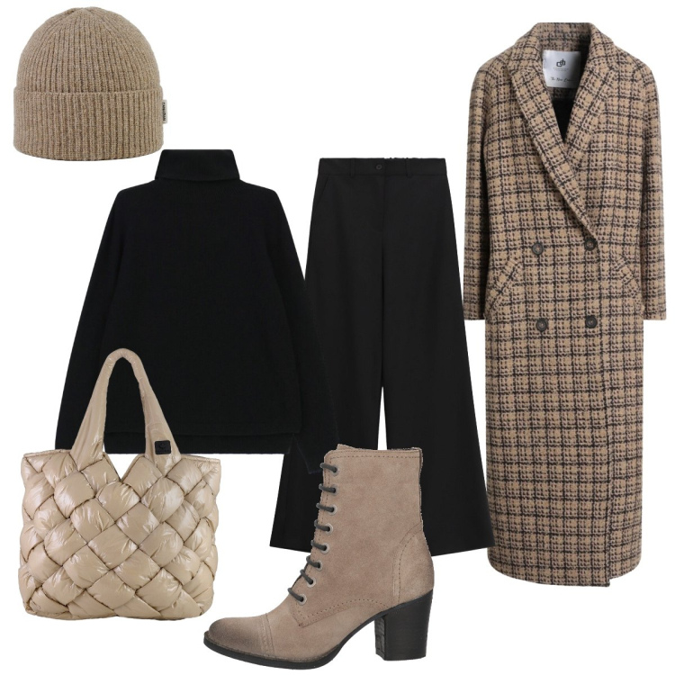 Outfit donna - Classico... Stile Casual chic per Tutti i giorni. Abbinamento con cappotti, stivaletti, pantaloni a palazzo, maglieria, borse tote, berretti.