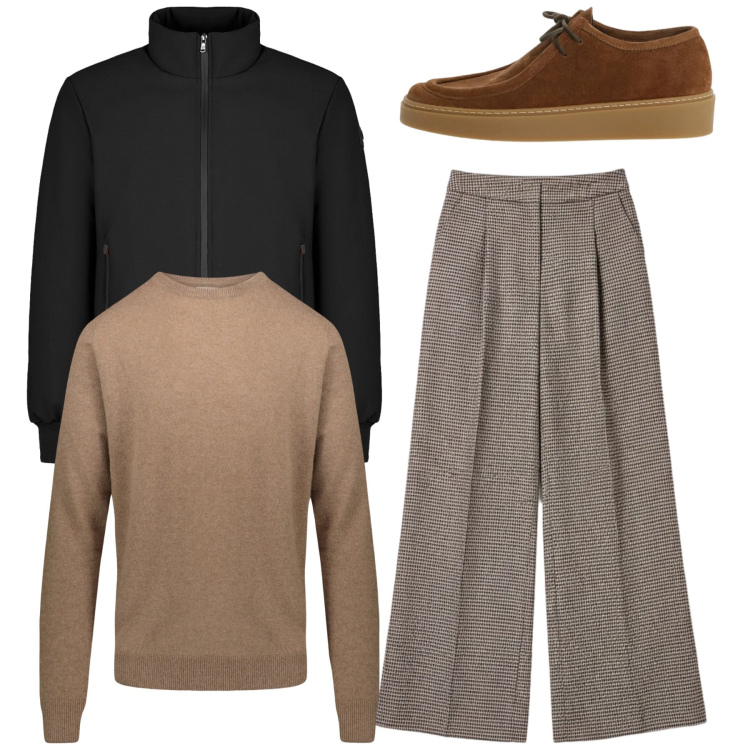 Outfit uomo - Trendy nut. Stile Trendy per Tutti i giorni. Abbinamento con scarpe stringate, giacche, pantaloni a palazzo, maglieria.