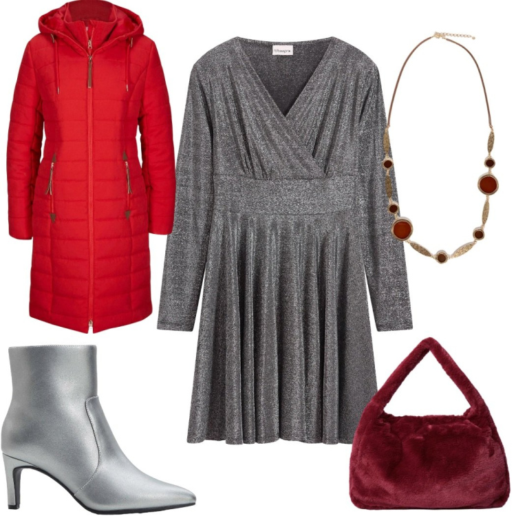 Outfit donna - Party Ready: capodanno d\'argento. Stile Glamour per Serata fuori. Abbinamento con vestiti, blazer, stivaletti, collane, borse a spalla.