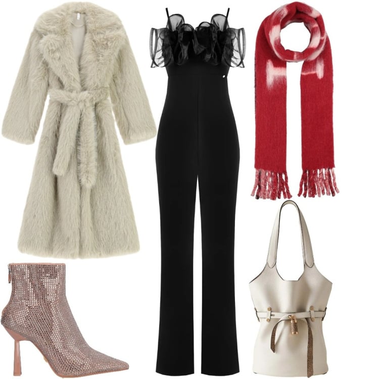 Outfit donna - Party Ready: capodanno trendy. Stile Trendy per Serata fuori. Abbinamento con stivaletti, sciarpe, tute, cappotti, borse a secchiello.