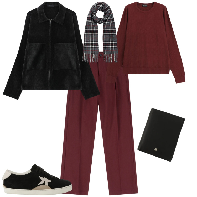 Outfit uomo - Trendy week end. Stile Trendy per Tutti i giorni. Abbinamento con pantaloni, maglieria, portafogli, cappotti, sneakers, sciarpe.