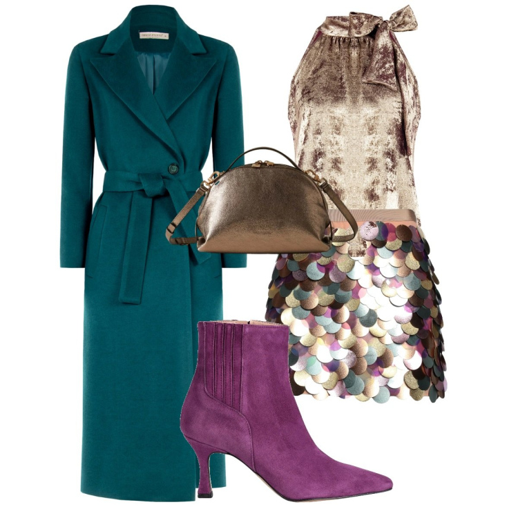 Outfit donna - Capodanno 2025. Stile Glamour per Serata fuori. Abbinamento con stivaletti, minigonne, top, cappotti, borse a mano.