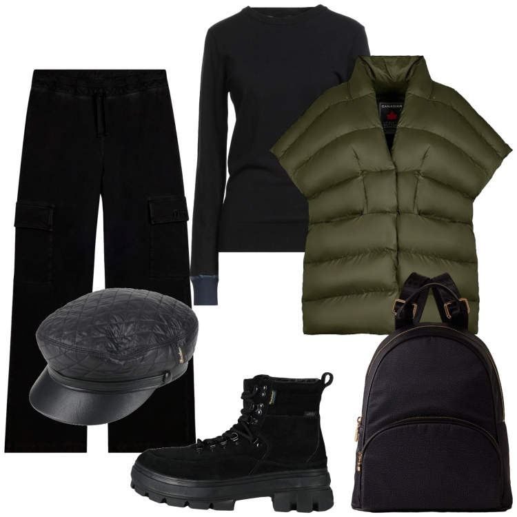 Outfit donna - Piumino smanicato. Stile Sporty chic per Tutti i giorni. Abbinamento con cappelli con visiera, pullovers, anfibi, pantaloni cargo, zaini, piumini.