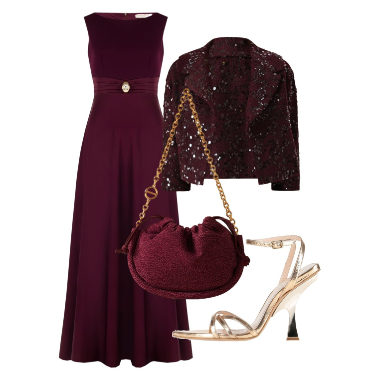 Outfit donna - Capodanno. Stile Chic per Serata fuori. Abbinamento con sandali in pelle, vestiti lunghi, bolero, borse a spalla.