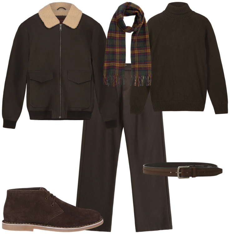Outfit uomo - Trendy in marrone. Stile Trendy per Tutti i giorni. Abbinamento con pantaloni, cinture, stivali e stivaletti, sciarpe, bomber, pullovers.
