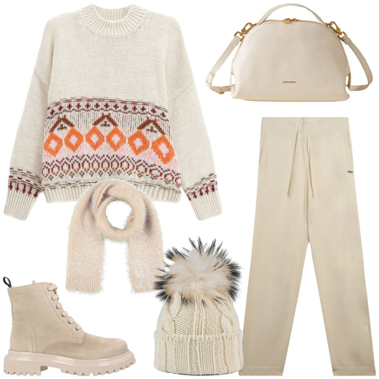 Outfit donna - Sporty chic in vacanza. Stile Sporty chic per Tutti i giorni. Abbinamento con anfibi, sciarpe, maglieria, pantaloni, borse a mano, berretti.