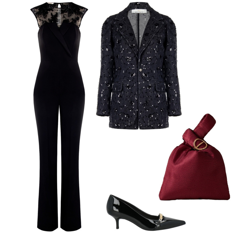 Outfit donna - Party Ready. Stile Glamour per Serata fuori. Abbinamento con décolleté, blazer, tute, borse a mano.