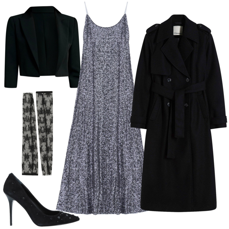 Outfit donna - Abito midi in paillettes, trench in lana. Stile Glamour per Serata fuori. Abbinamento con trench, décolleté, vestiti midi/longuette, guanti, bolero.