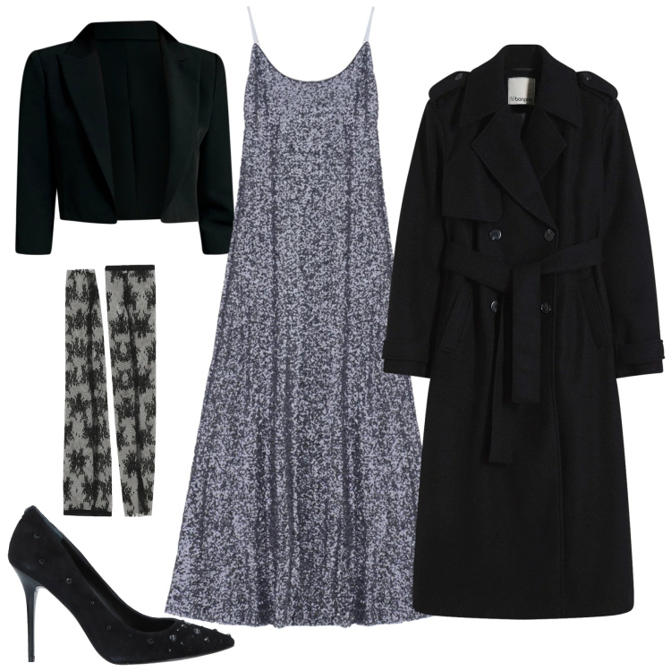 Outfit donna - Total look #2306468. Stile Glamour per Serata fuori. Abbinamento con trench, décolleté, bolero, guanti, vestiti midi/longuette.