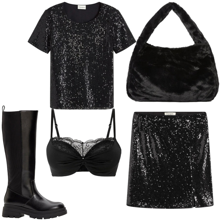 Outfit donna - Brillare per le feste. Stile Trendy per Serata fuori. Abbinamento con minigonne, maglieria, reggiseni push-up, stivali, borse a spalla.