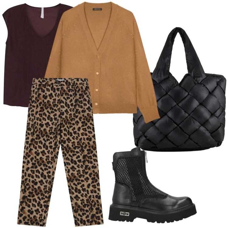 Outfit donna - Maculato per le feste. Stile Casual per Serata fuori. Abbinamento con stivaletti, pantaloni, top, borse tote, cardigans.
