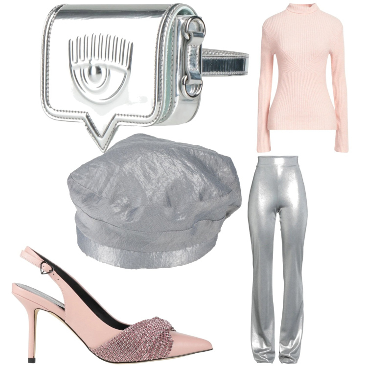 Outfit donna - Rosa e argento. Stile Chic per Serata fuori. Abbinamento con marsupi, décolleté, maglieria, leggings, cappelli e berretti.