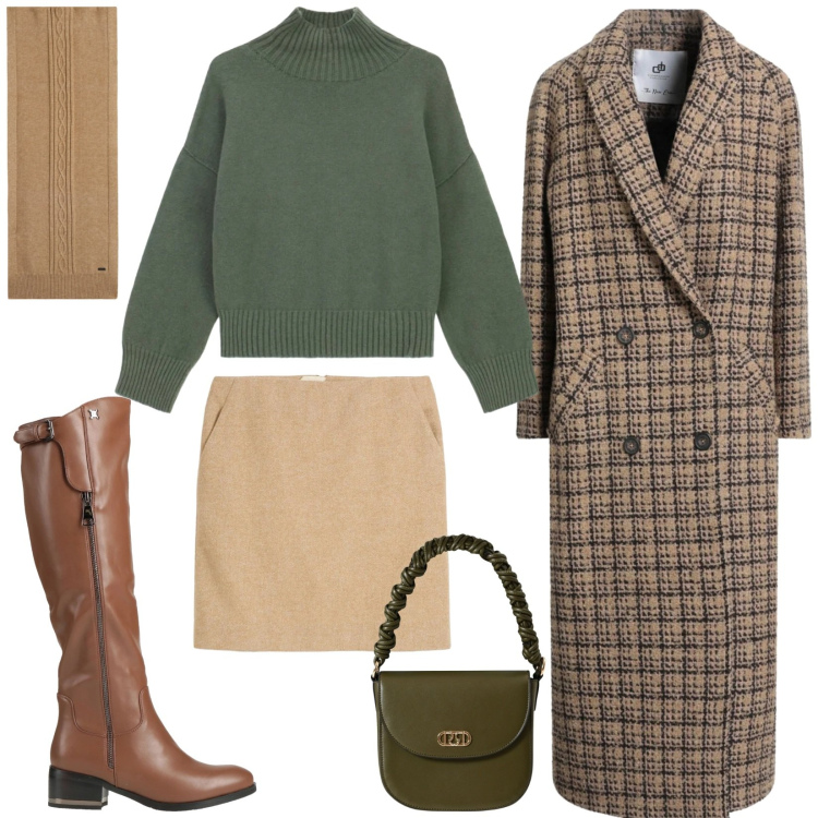 Outfit donna - Ufficio e aperitivo. Stile Urban per Tutti i giorni. Abbinamento con gonne, cappotti, stivali, borse a mano, maglieria, sciarpe.