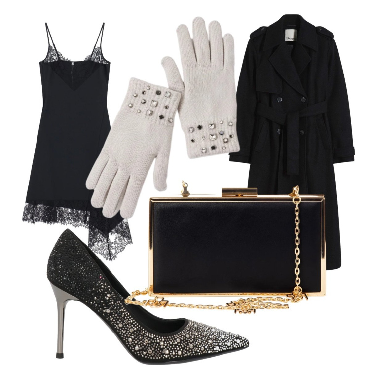 Outfit donna - Notte di capodanno. Stile Glamour per Serata fuori. Abbinamento con trench, décolleté, vestiti asimmetrici, guanti, pochette.