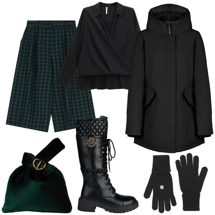 Outfit donna - Bermuda verdi a quadri. Stile Trendy per Serata fuori. Abbinamento con stivali, guanti, shorts, camicie, borse a mano, eskimo.