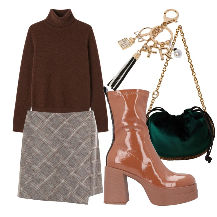 Outfit donna - Freddo dicembre 70s. Stile 70s per Tutti i giorni. Abbinamento con stivaletti, borse a spalla, minigonne, pullovers, portachiavi.