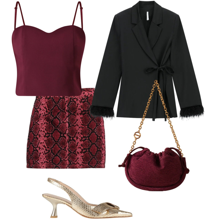 Outfit donna - Animalier sofisticato per Capodanno. Stile Chic per Serata fuori. Abbinamento con minigonne, décolleté, top, blazer, borse a spalla.