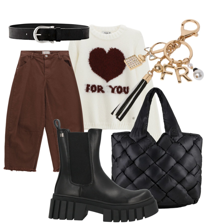 Outfit donna - Total look #2306511. Stile Casual per Scuola/Università. Abbinamento con cinture, stivaletti, pantaloni, pullovers, borse tote, portachiavi.