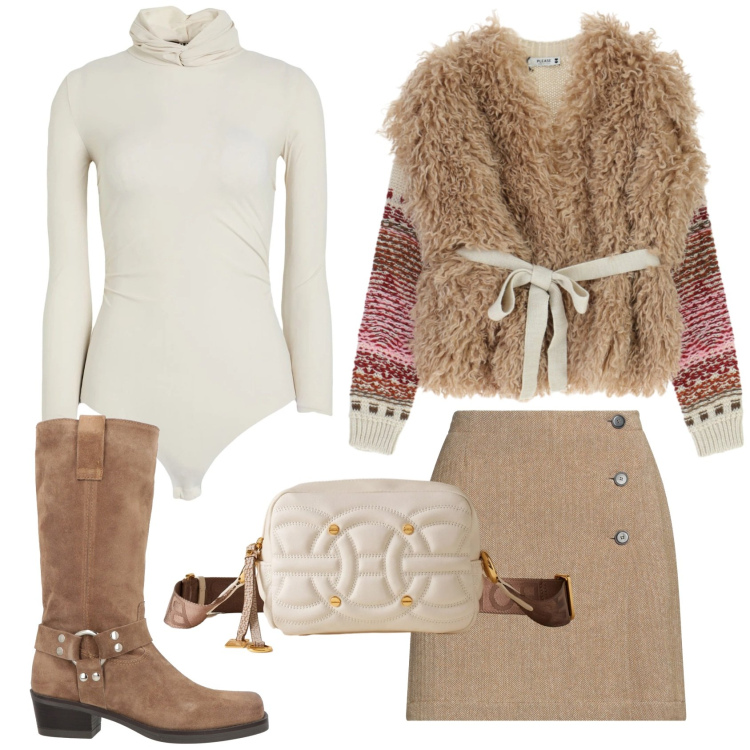 Outfit donna - Total look #2306512. Stile Casual chic per Tutti i giorni. Abbinamento con minigonne, stivali, body, maglieria, borse a tracolla.