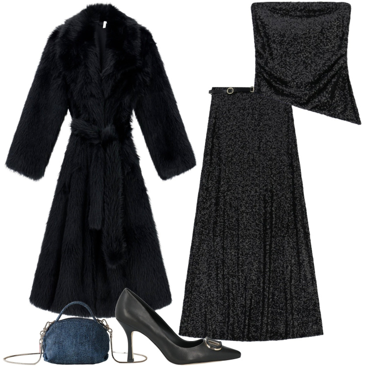 Outfit donna - Ecopelliccia e paillettes. Stile Glamour per Serata fuori. Abbinamento con décolleté, cappotti, top, gonne lunghe, borse a mano.