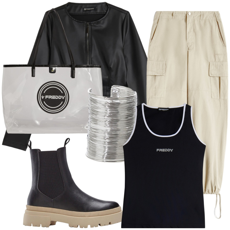 Outfit donna - Rock is here. Stile Rock per Tutti i giorni. Abbinamento con stivaletti chelsea, braccialetti, pantaloni cargo, shopping bag, giacche, canottiere.