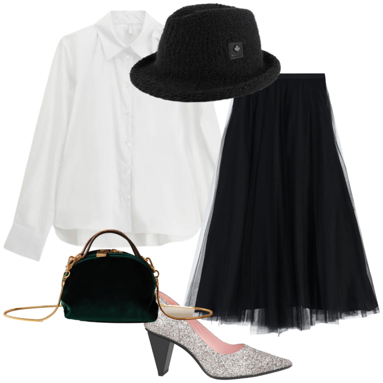 Outfit donna - Tonight. Stile Glamour per Serata fuori. Abbinamento con décolleté, gonne lunghe, camicie, borse a mano, cappelli.
