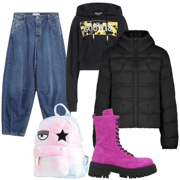 Outfit donna - Gli Anfibi Cool. Stile Urban per Tutti i giorni. Abbinamento con stivaletti, felpe con cappuccio, zaini, jeans, piumini.