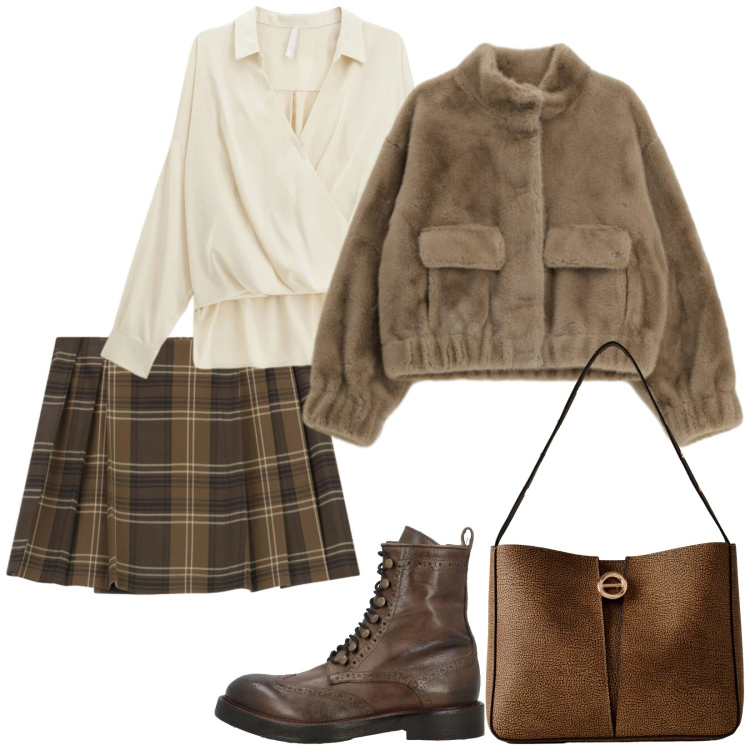 Outfit donna - Anfibi con la minigonna. Stile Trendy per Serata fuori. Abbinamento con stivaletti, blazer, camicie, minigonne, borse a secchiello.