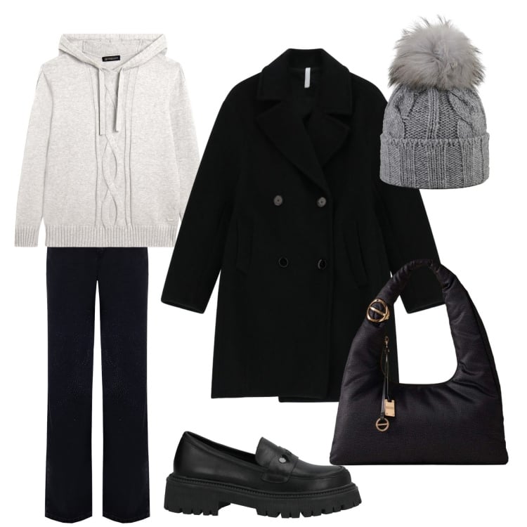 Outfit donna - Cool. Stile Basic per Tutti i giorni. Abbinamento con mocassini, jeans dritti, cappotti, maglieria, borse a mano, berretti.