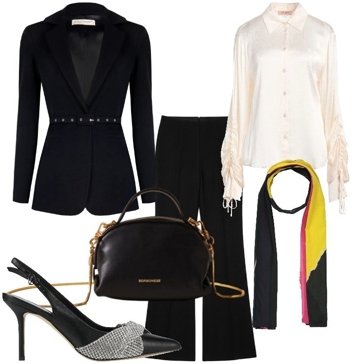 Outfit donna - Party Ready. Stile Chic per Serata fuori. Abbinamento con décolleté, camicie, sciarpe, pantaloni a palazzo, blazer, borse a mano.