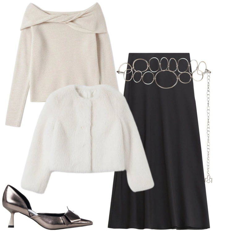 Outfit donna - Splendiamo!. Stile Glamour per Serata fuori. Abbinamento con maglieria, ecopellicce, décolleté, cinture, gonne lunghe.