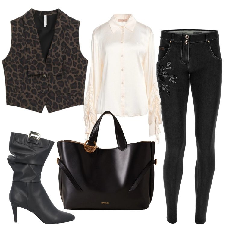 Outfit donna - Total look #2306544. Stile Glamour per Tutti i giorni. Abbinamento con camicie, stivali, gilet, jeans skinny, shopping bag.