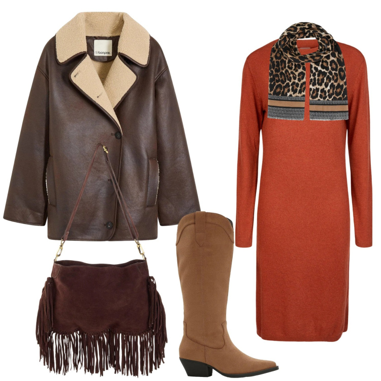 Outfit donna - Total look #2306545. Stile Trendy per Tutti i giorni. Abbinamento con blazer, borse a tracolla, stivali, foulard, vestiti midi/longuette.